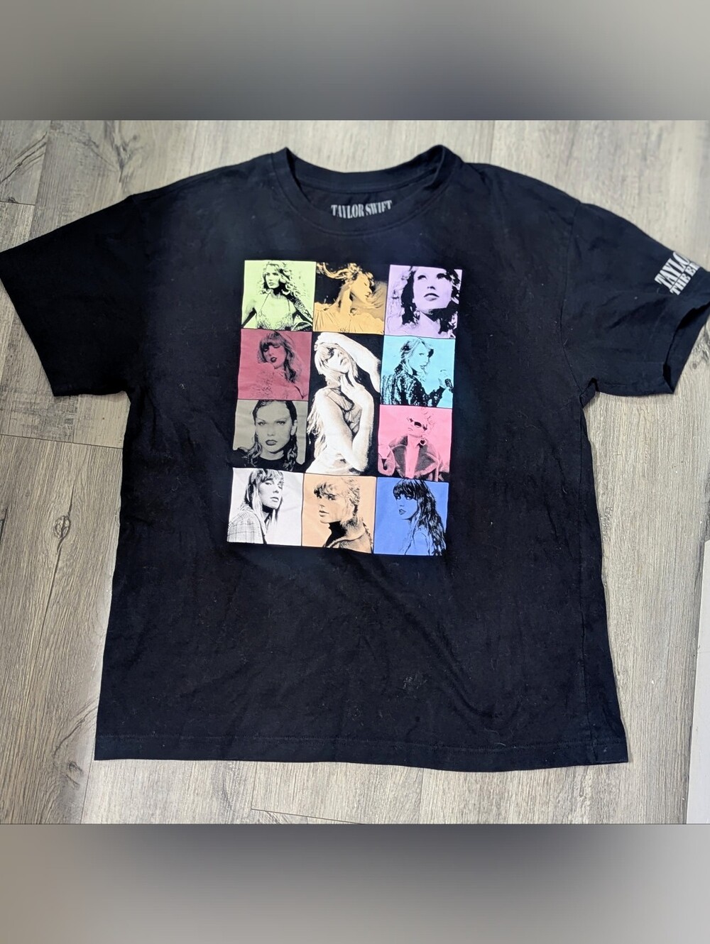 Taylor Swift The Eras Tour Black Tee with Multicolor Portrait Blocks